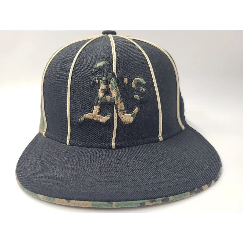 New Era Black Hat with Camo A's Logo and Cream Piping